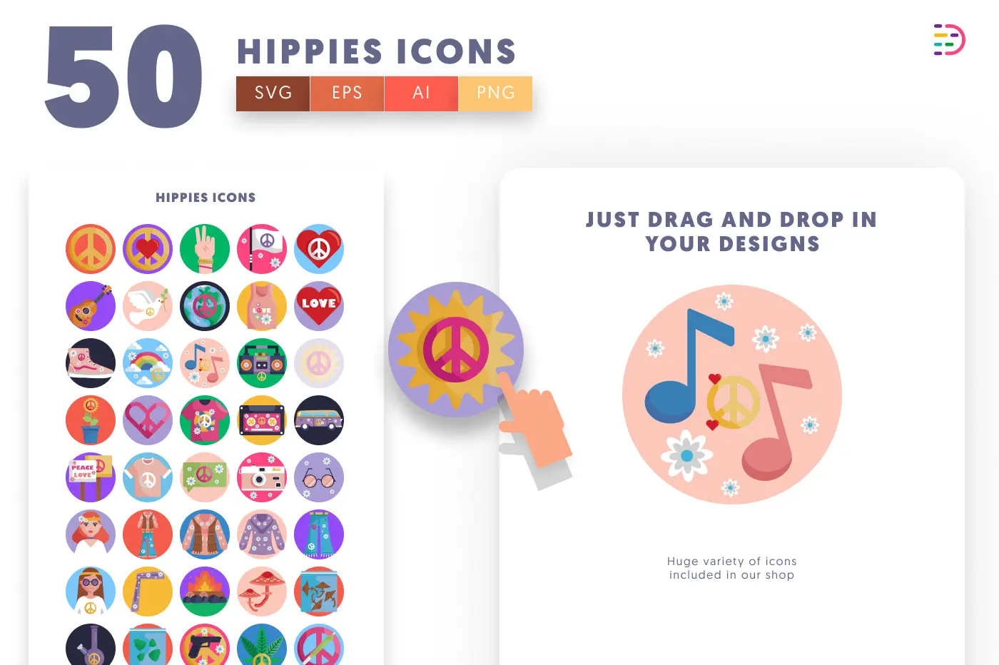 50 Hippies Icons preview 1 – flat circle icons in PNG, SVG and EPS