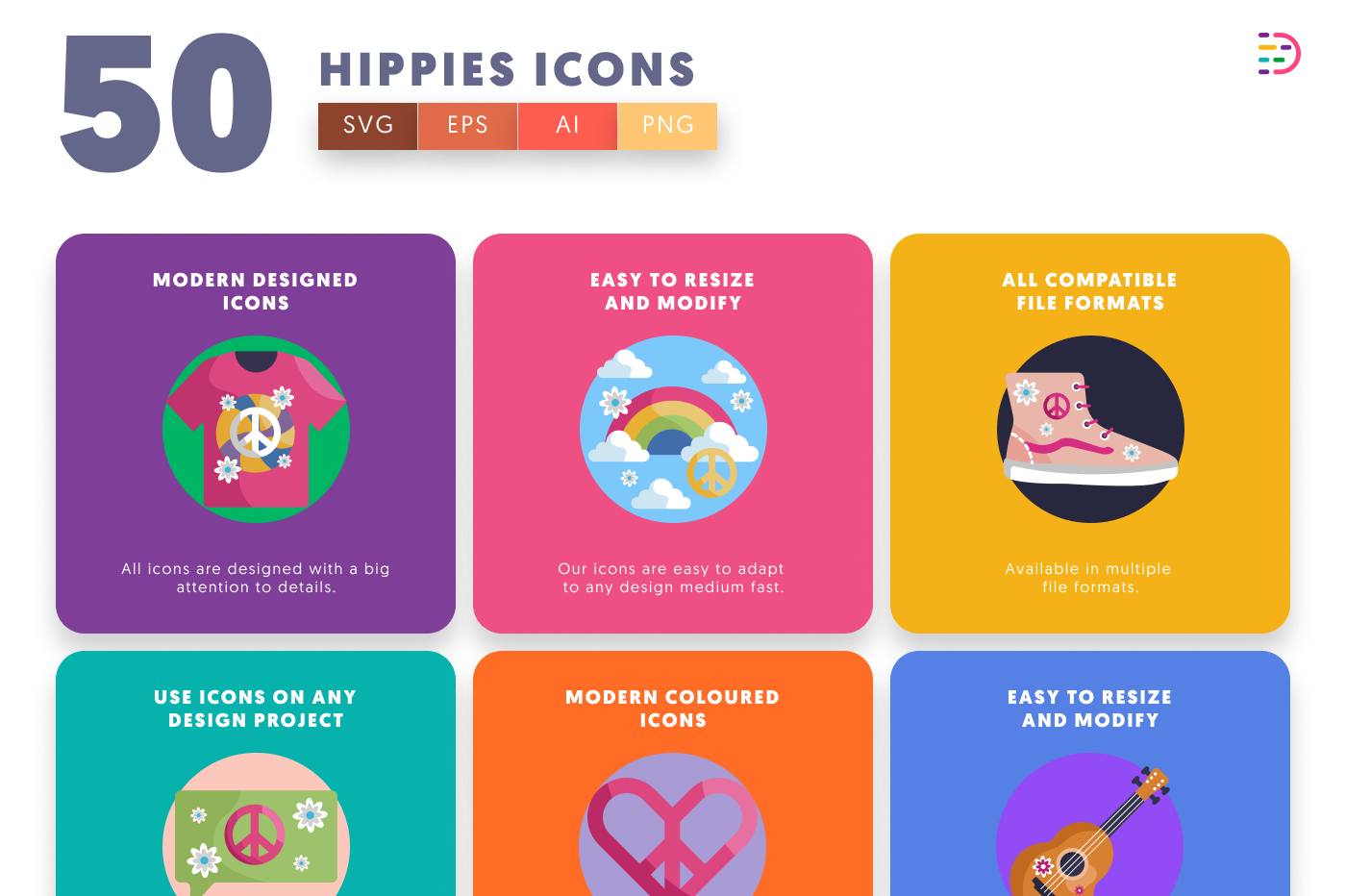 50 Hippies Icons preview 5 – flat circle icons in PNG, SVG and EPS