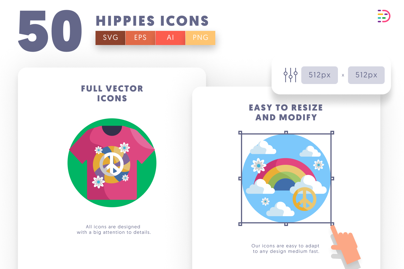 50 Hippies Icons preview 6 – flat circle icons in PNG, SVG and EPS