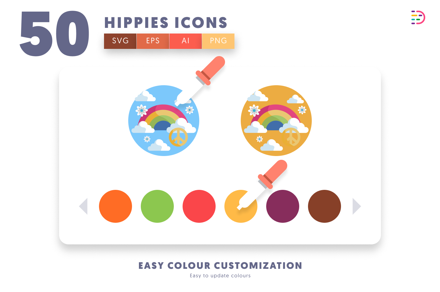 50 Hippies Icons preview 7 – flat circle icons in PNG, SVG and EPS