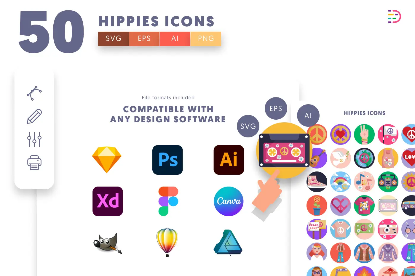 50 Hippies Icons preview 8 – flat circle icons in PNG, SVG and EPS