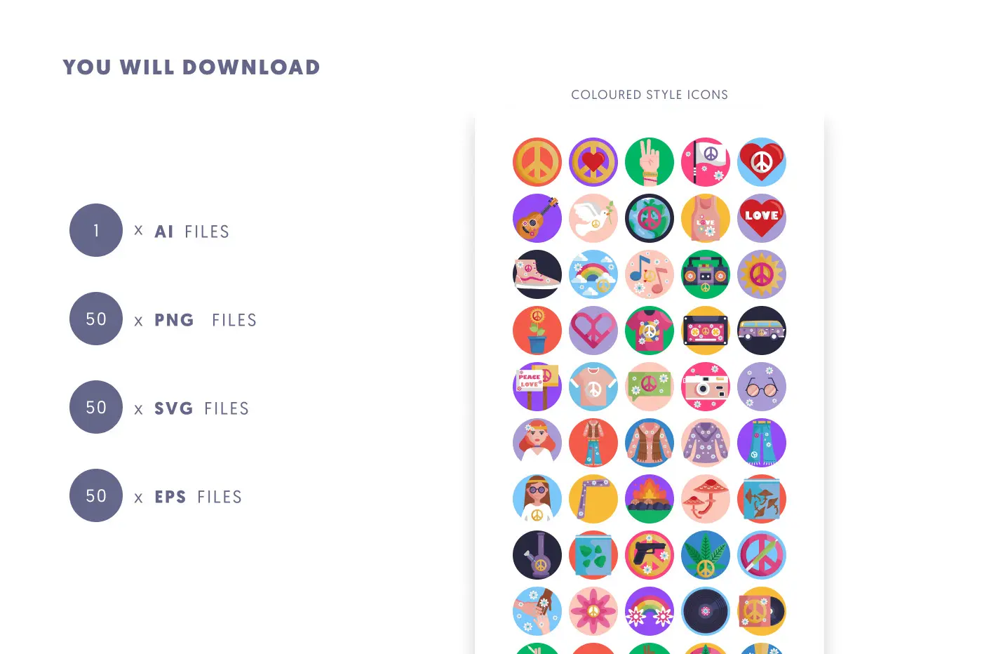 50 Hippies Icons preview 9 – flat circle icons in PNG, SVG and EPS