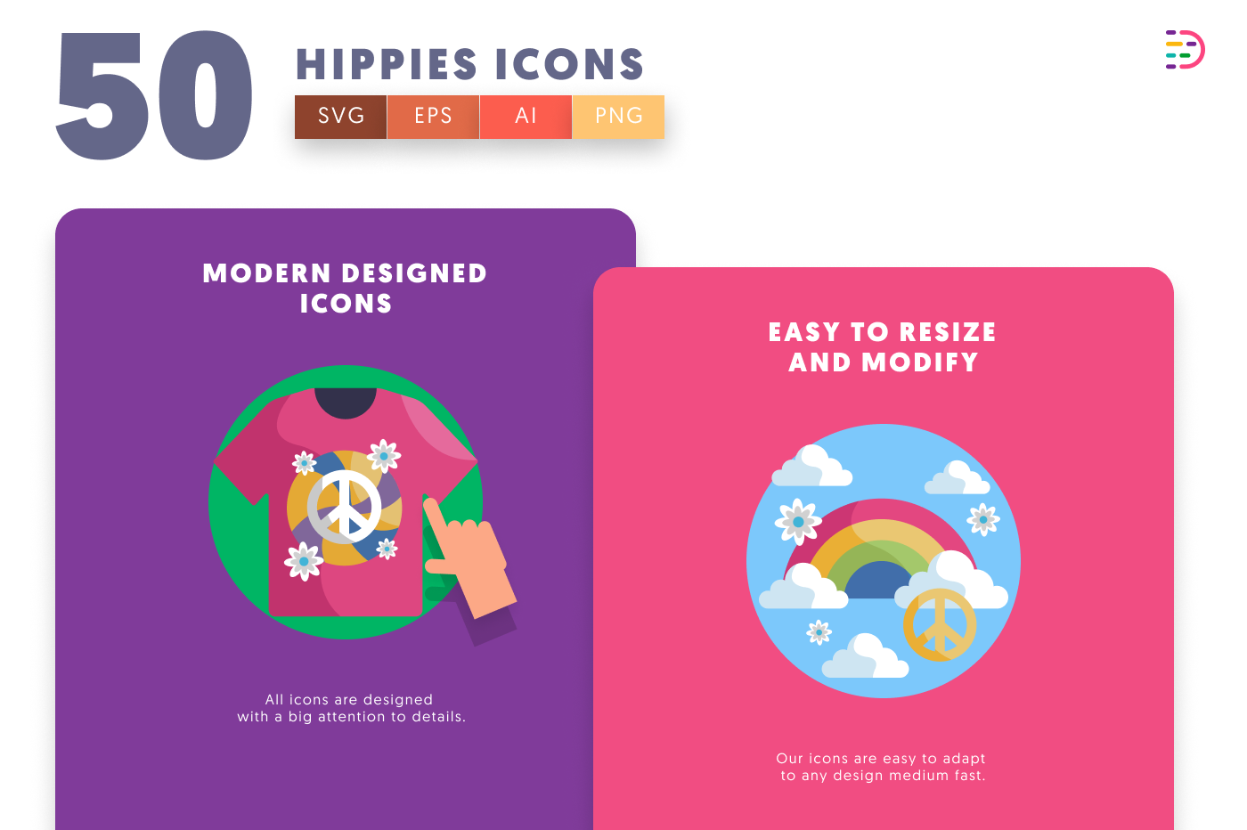 50 Hippies Icons cover – flat circle icons in PNG, SVG and EPS