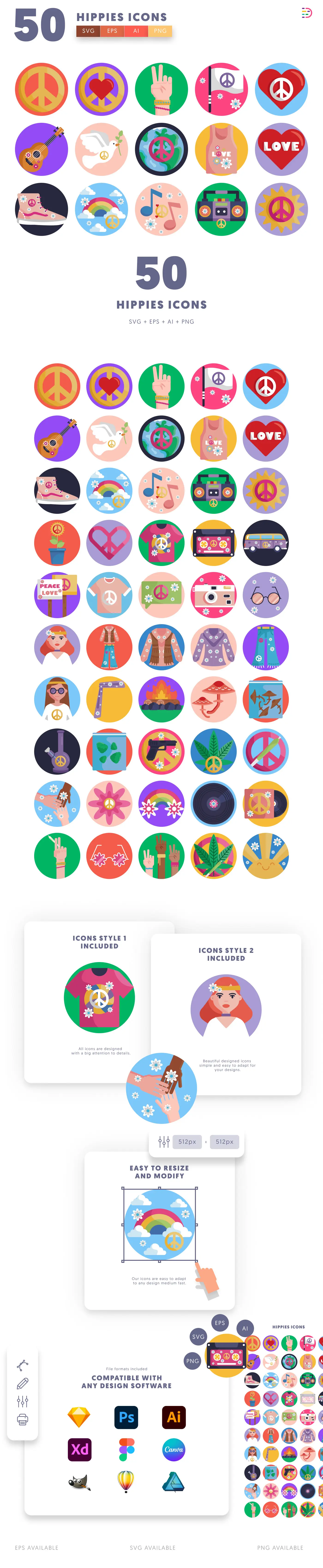 50 Hippies Icons cover – flat circle icons in PNG, SVG and EPS