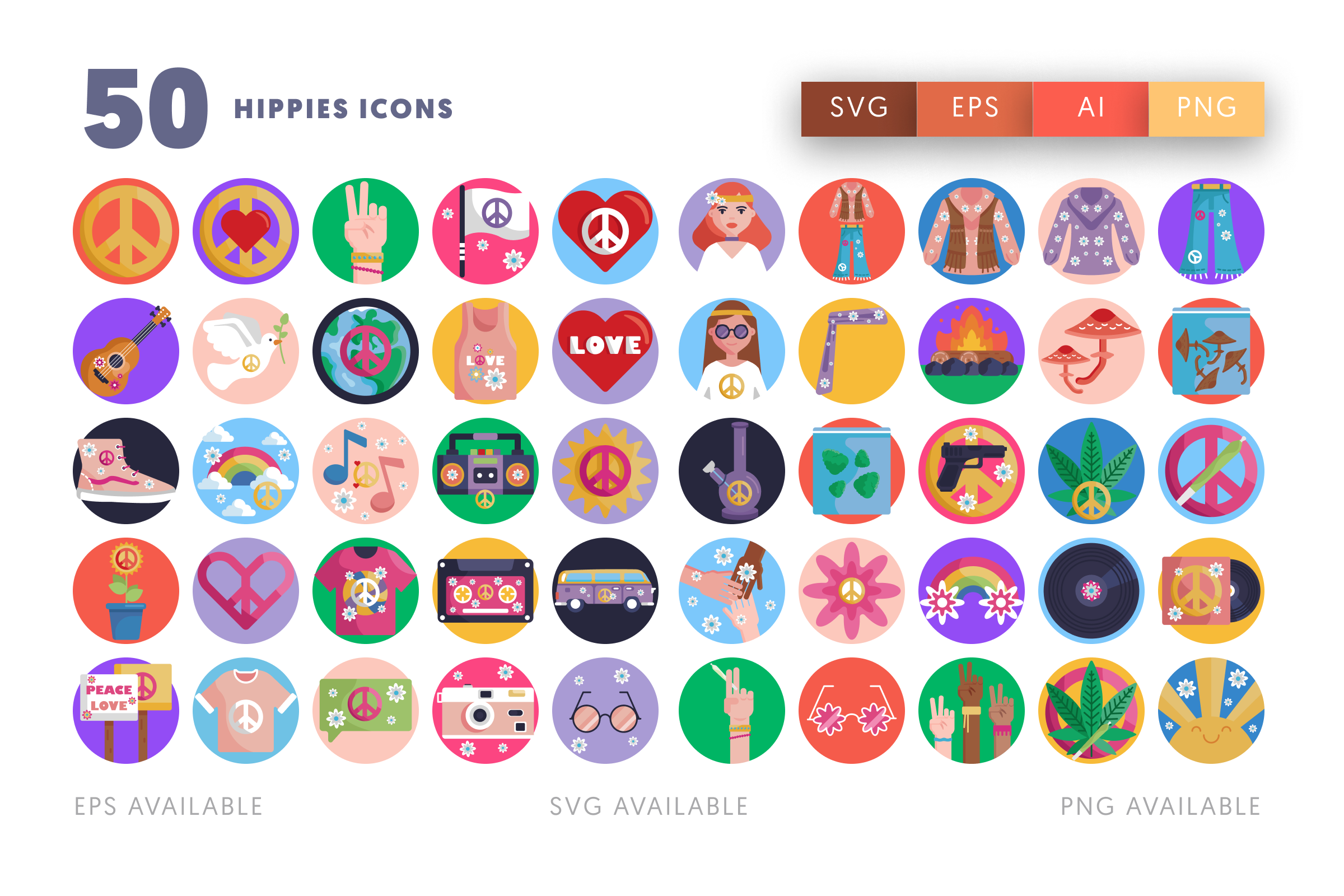 50 Hippies Icons – flat circle icon set