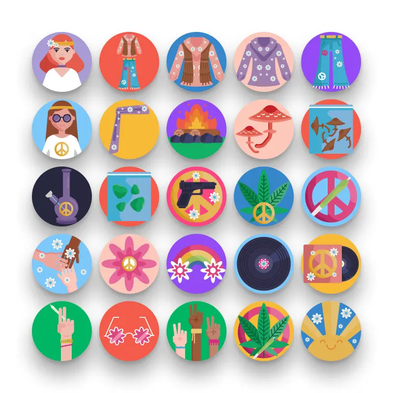 50 Hippies Icons – set of colorful flat circle icons