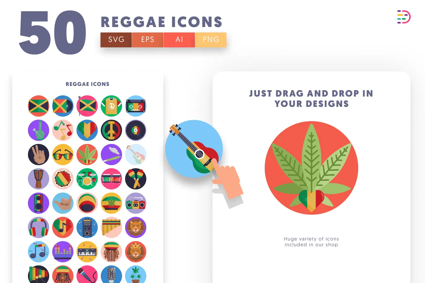 50 Reggae Icons preview 1 – flat circle icons in PNG, SVG and EPS