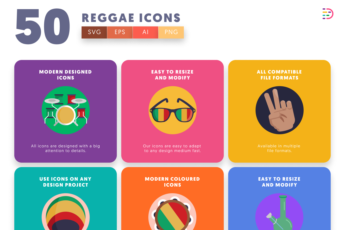 50 Reggae Icons preview 5 – flat circle icons in PNG, SVG and EPS