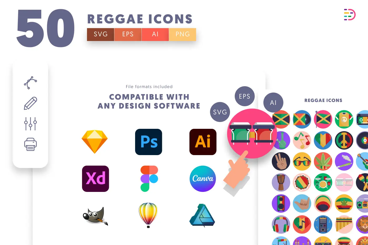 50 Reggae Icons preview 8 – flat circle icons in PNG, SVG and EPS