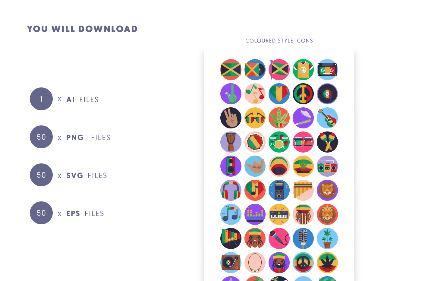 50 Reggae Icons preview 9 – flat circle icons in PNG, SVG and EPS