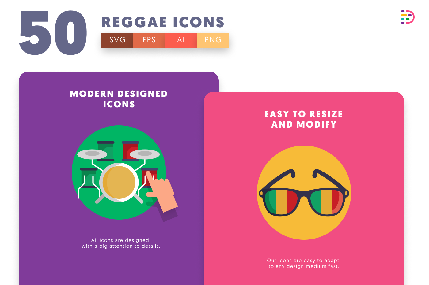 50 Reggae Icons cover – flat circle icons in PNG, SVG and EPS