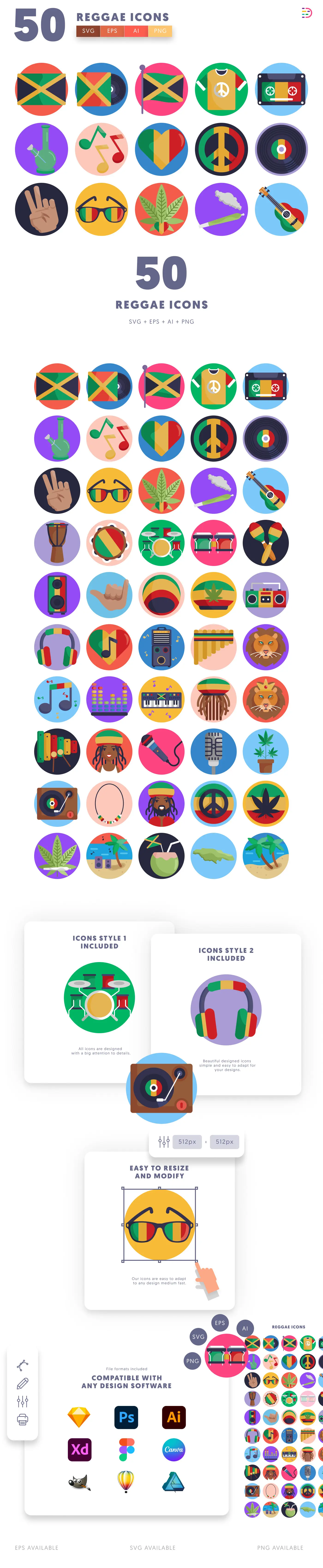 50 Reggae Icons cover – flat circle icons in PNG, SVG and EPS