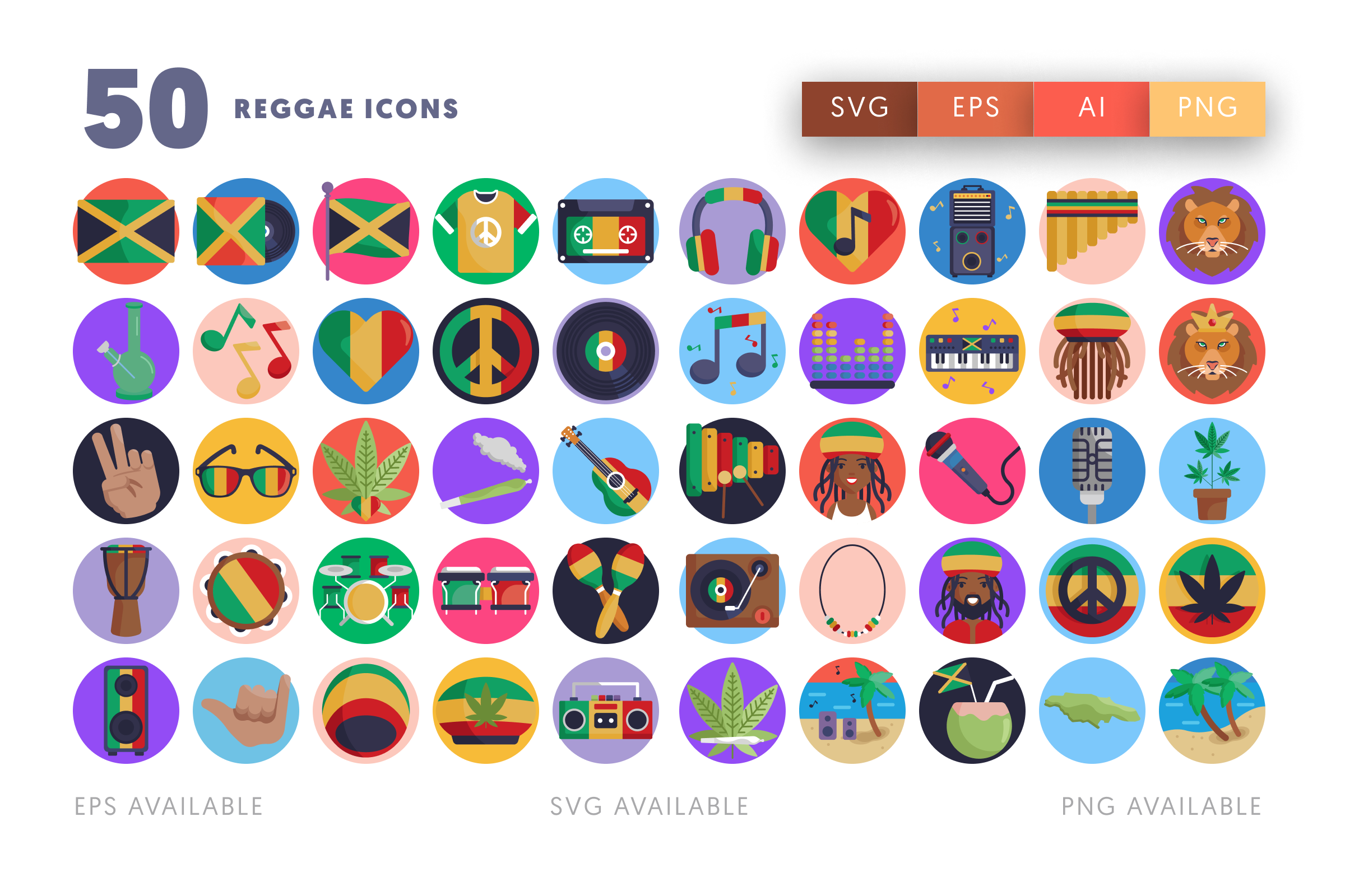 50 Reggae Icons – flat circle icon set