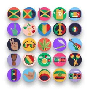 50 Reggae Icons – set of colorful flat circle icons
