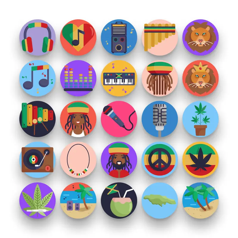 50 Reggae Icons – set of colorful flat circle icons