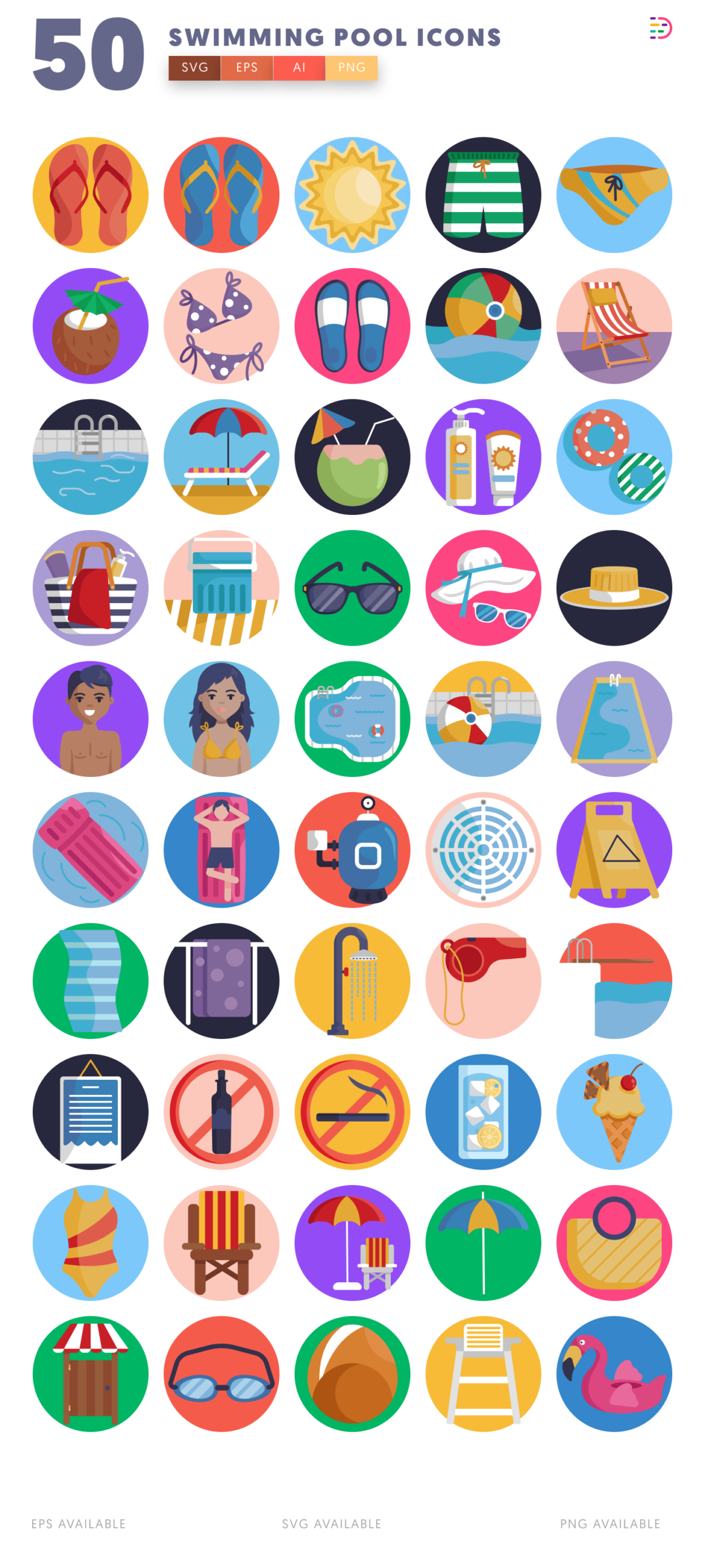 50 Swimming Pool Icons — Poolside & Water Activity Icon Set