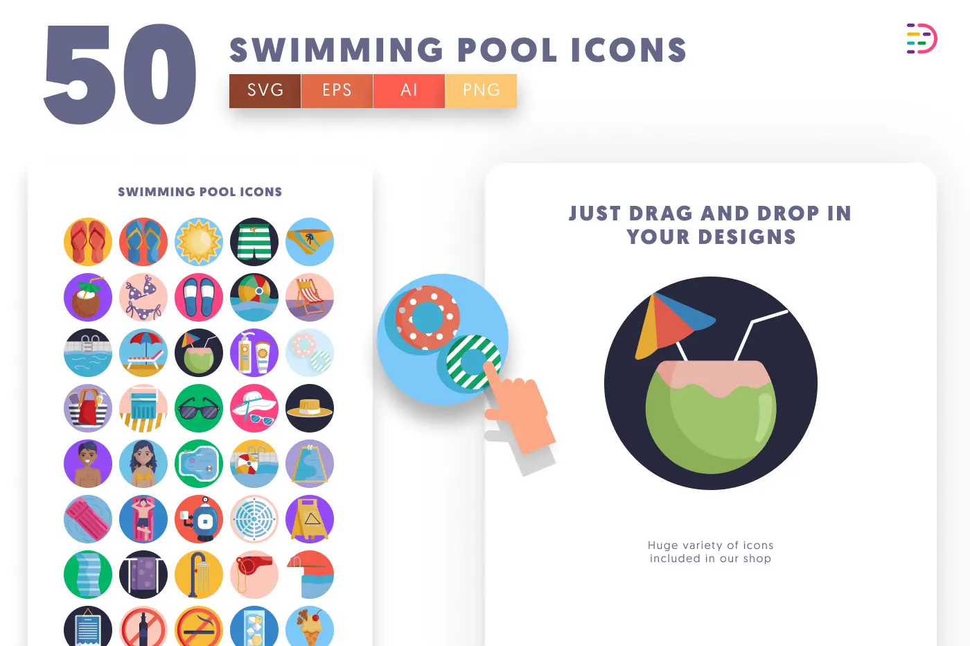 50 Swimming Pool Icons preview 1 – flat circle icons in PNG, SVG and EPS