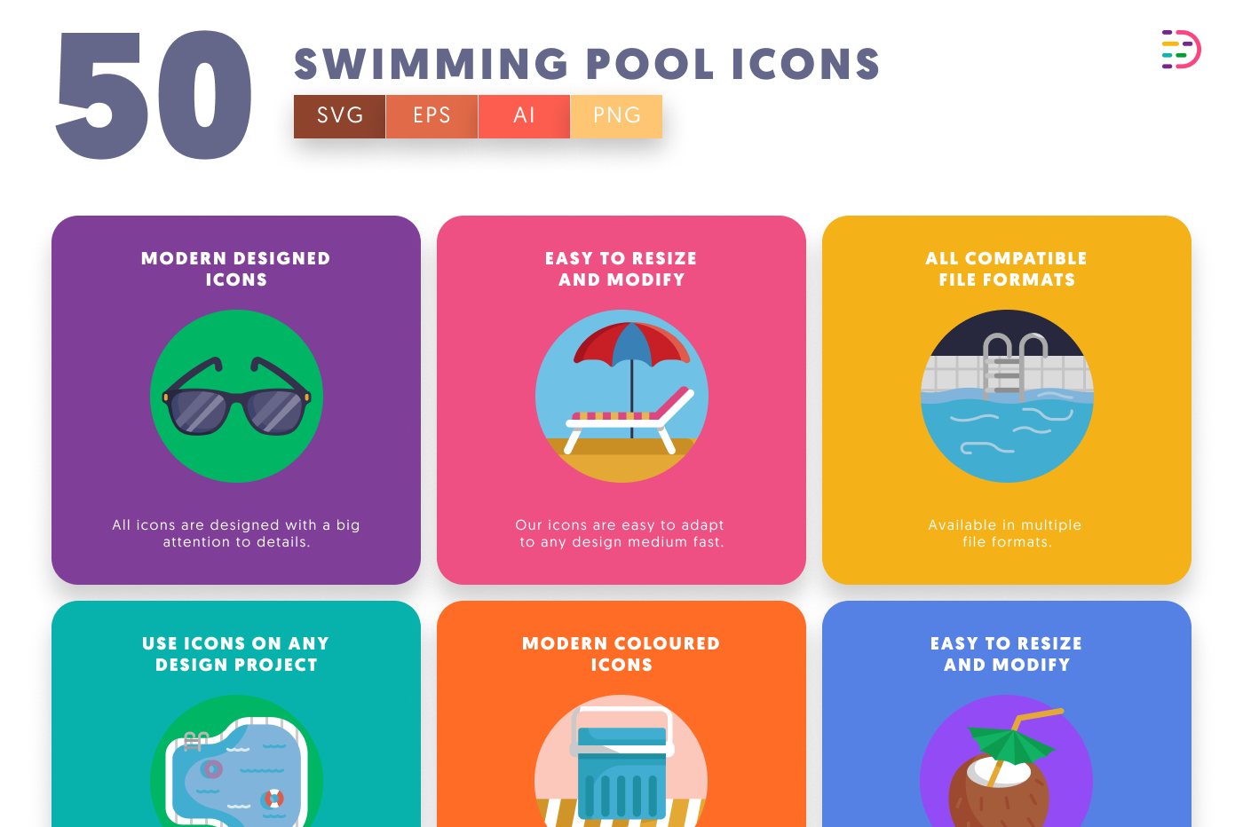 50 Swimming Pool Icons preview 5 – flat circle icons in PNG, SVG and EPS
