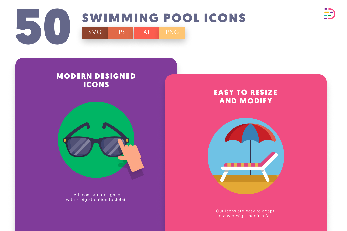 50 Swimming Pool Icons cover – flat circle icons in PNG, SVG and EPS