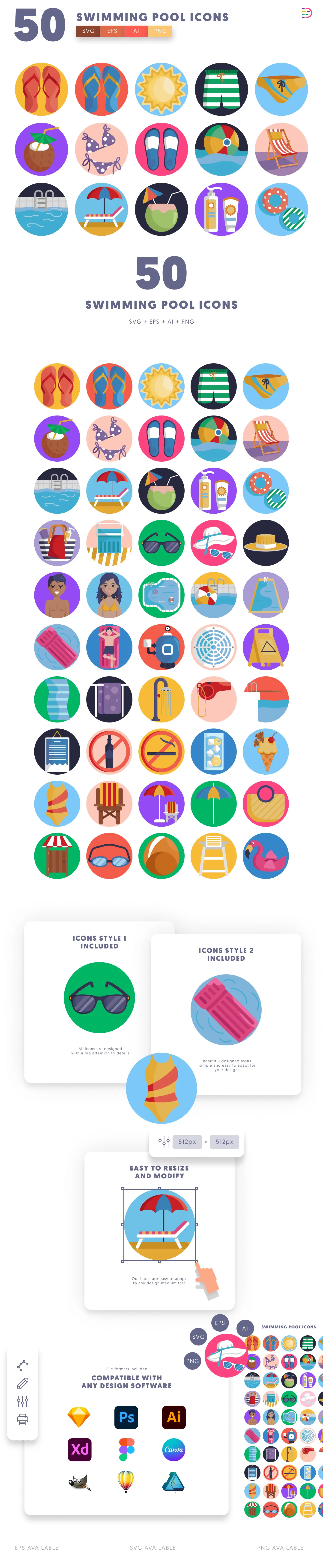 50 Swimming Pool Icons cover – flat circle icons in PNG, SVG and EPS