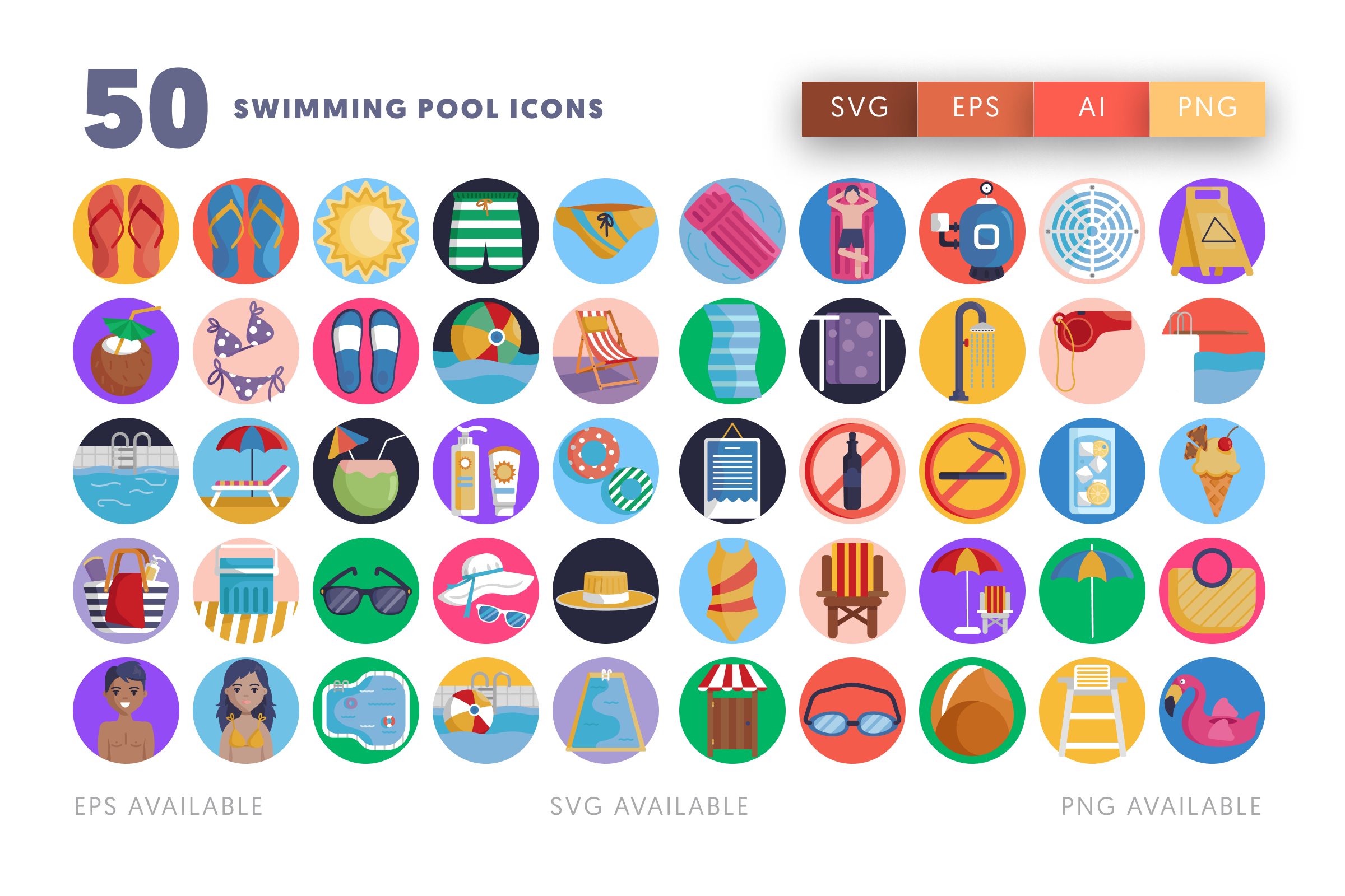 50 Swimming Pool Icons – flat circle icon set