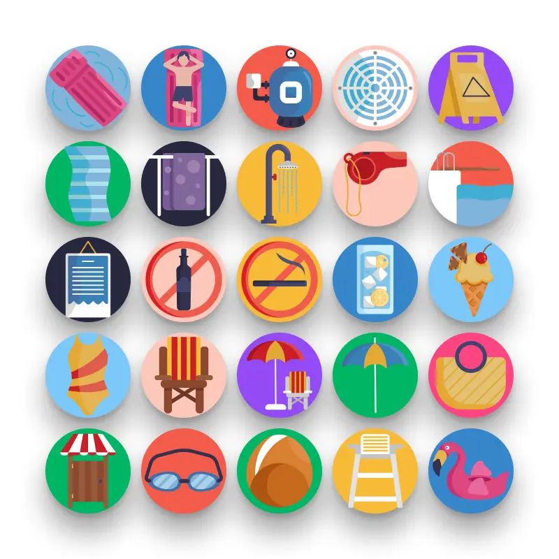 50 Swimming Pool Icons – set of colorful flat circle icons