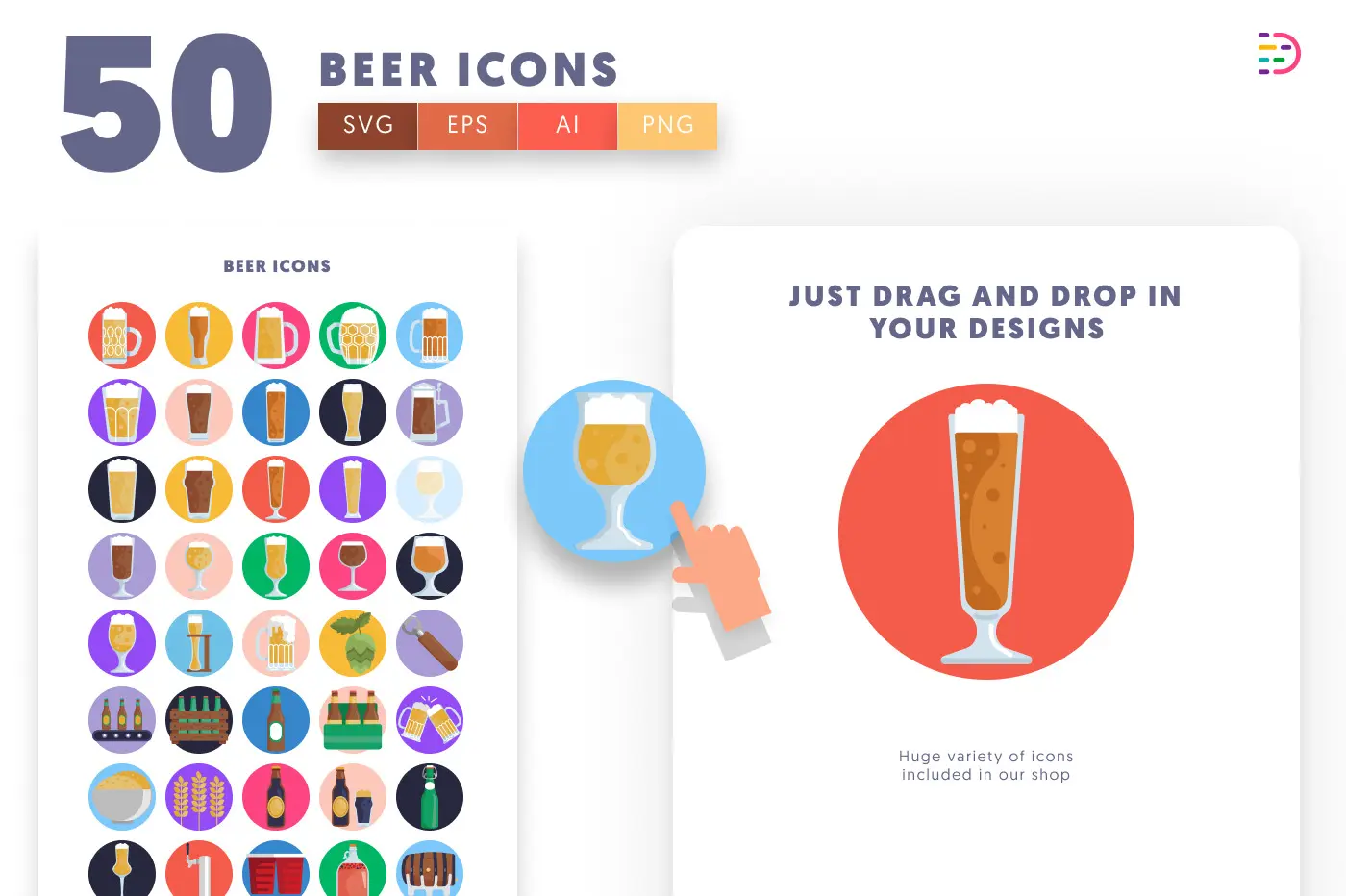 50 Beer Glass Icons preview 1 – flat circle icons in PNG, SVG and EPS