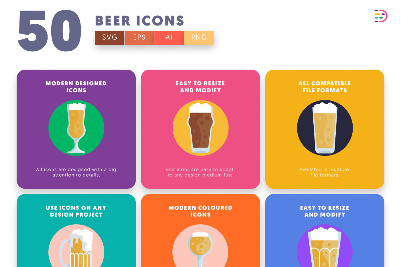 50 Beer Glass Icons preview 5 – flat circle icons in PNG, SVG and EPS