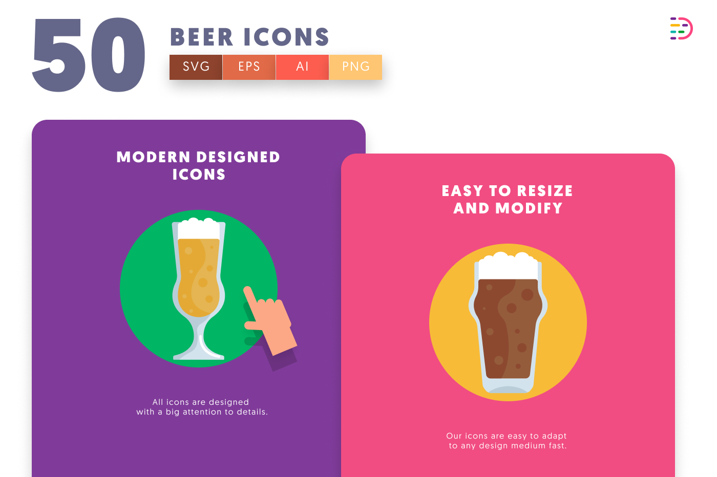 50 Beer Glass Icons cover – flat circle icons in PNG, SVG and EPS