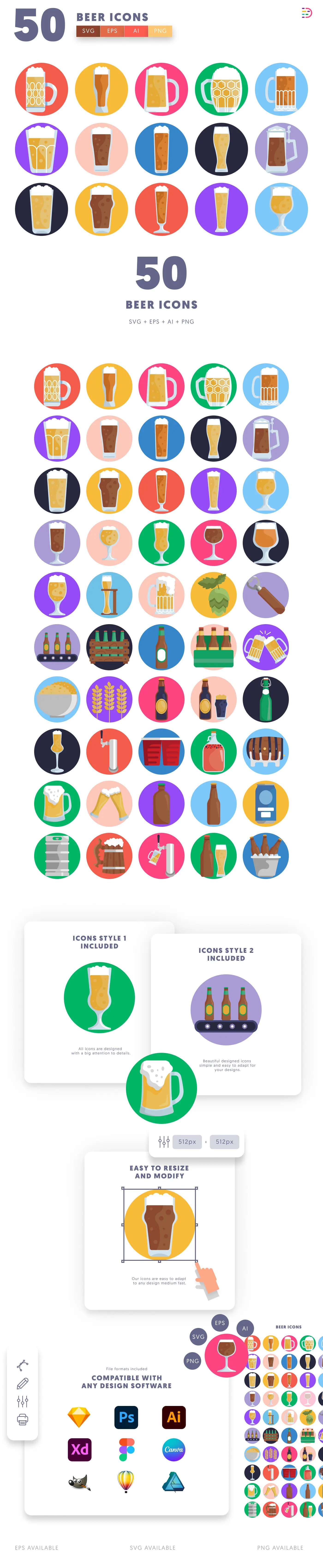 50 Beer Glass Icons cover – flat circle icons in PNG, SVG and EPS