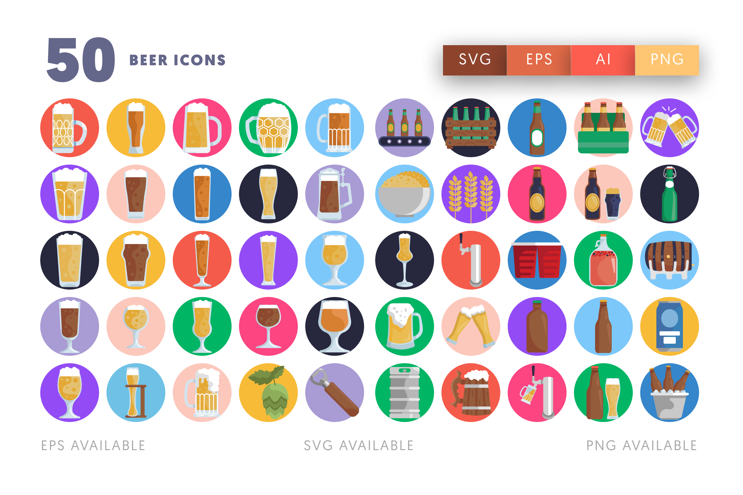 50 Beer Glass Icons – flat circle icon set