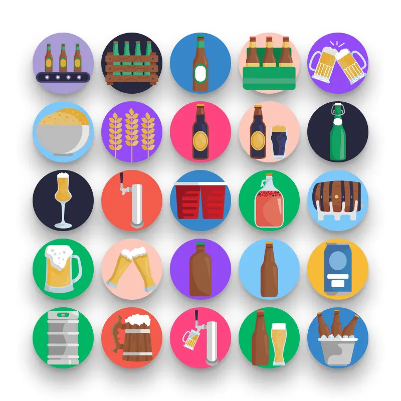50 Beer Glass Icons – set of colorful flat circle icons