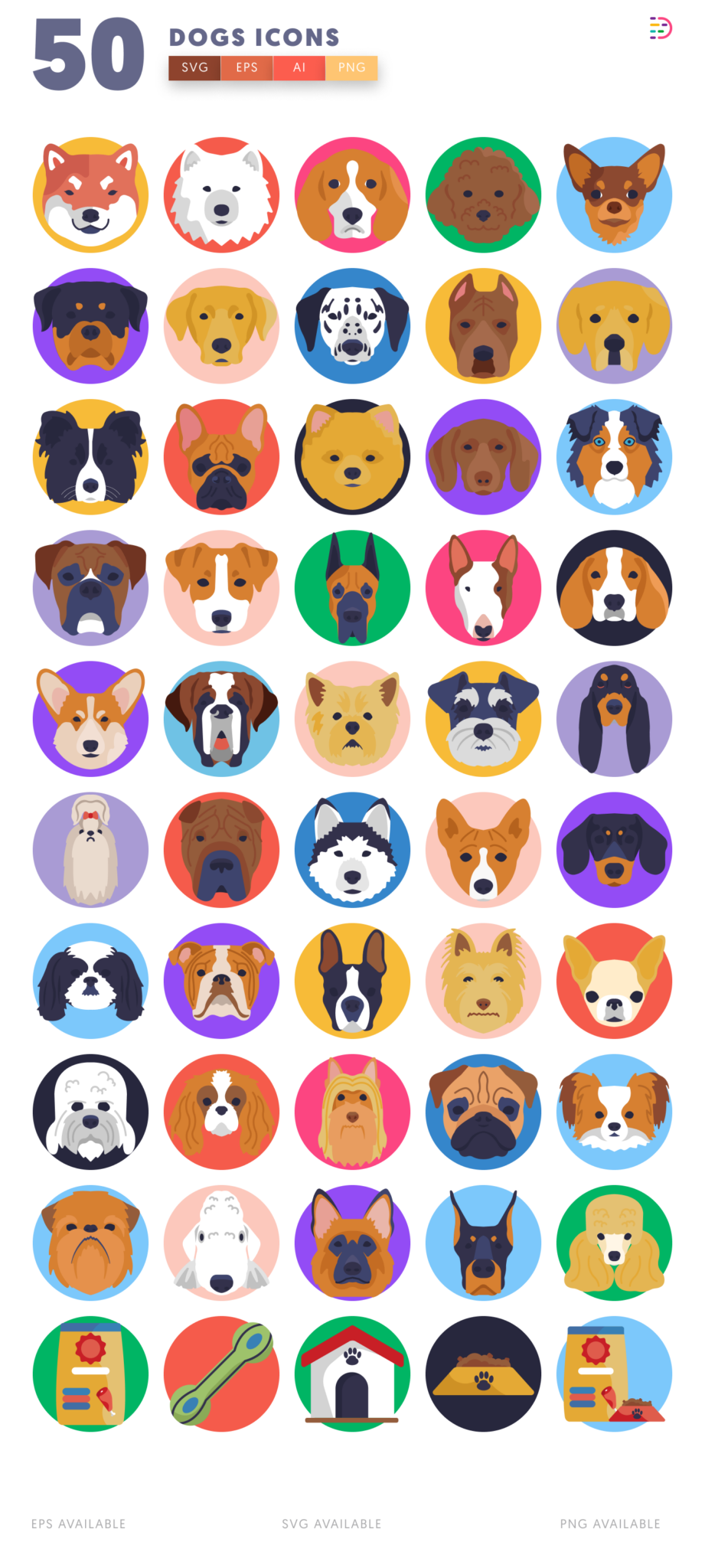 50-Dogs-Icons – Cute Dog Breeds, Pet Care Illustrations