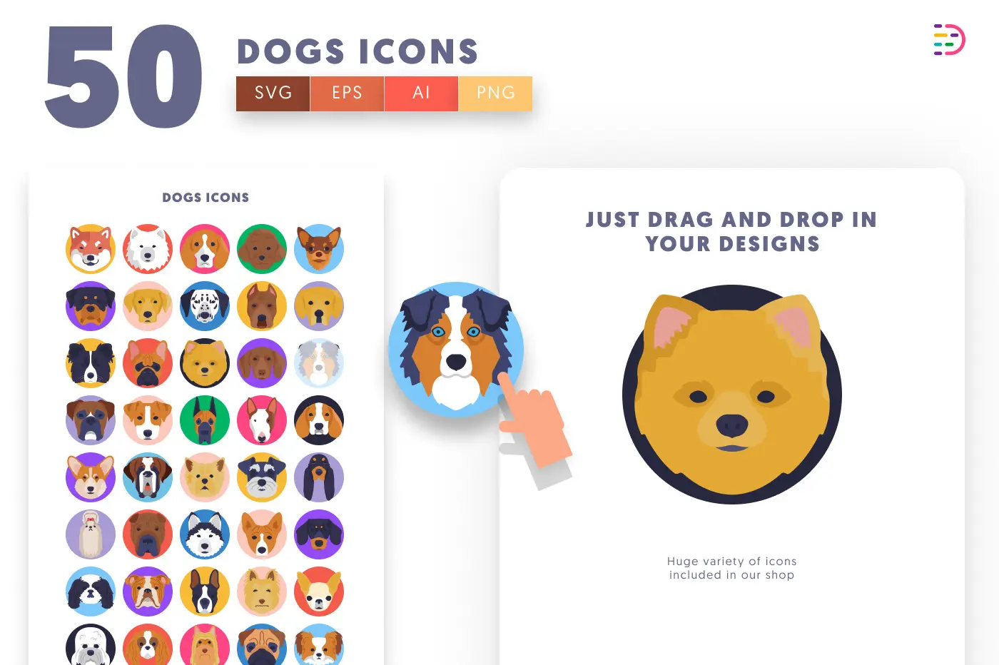 50 Dogs Icons preview 1 – flat circle icons in PNG, SVG and EPS