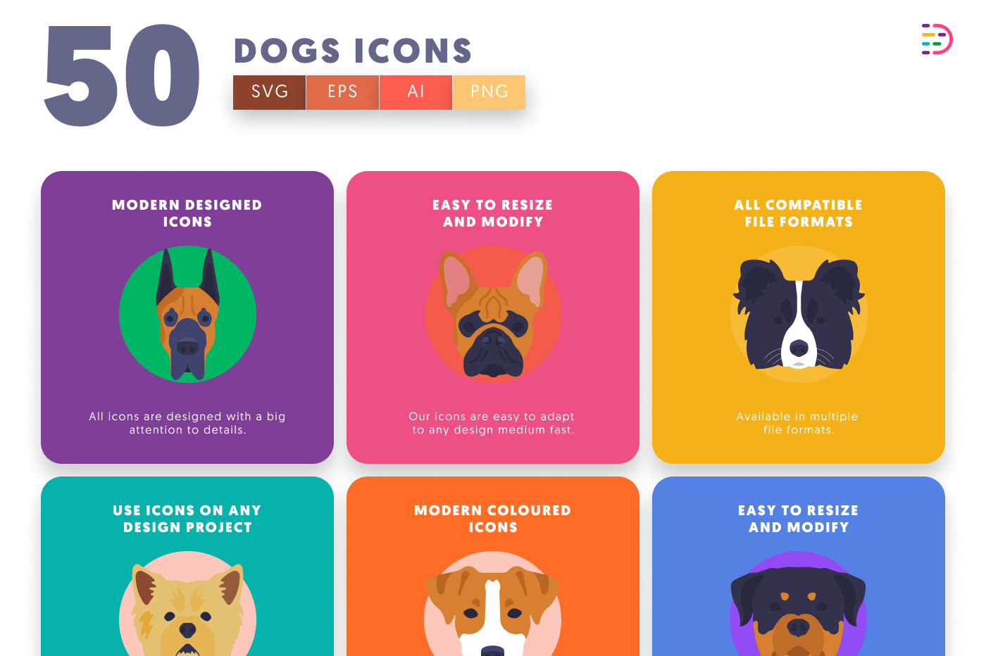 50 Dogs Icons preview 5 – flat circle icons in PNG, SVG and EPS