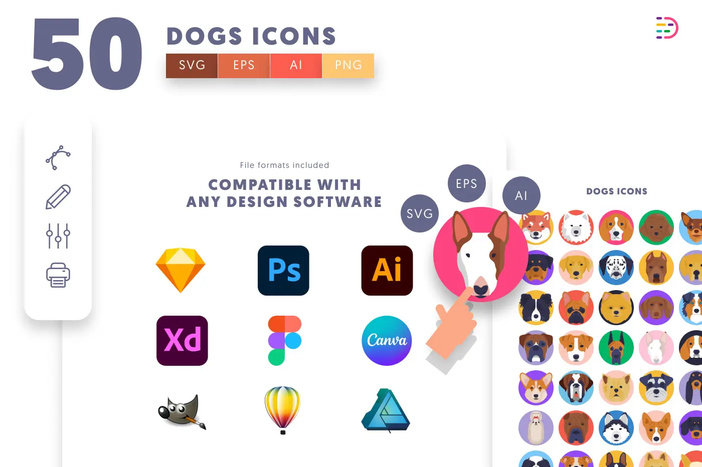 50 Dogs Icons preview 8 – flat circle icons in PNG, SVG and EPS