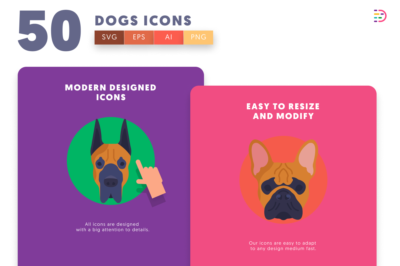 50 Dogs Icons cover – flat circle icons in PNG, SVG and EPS