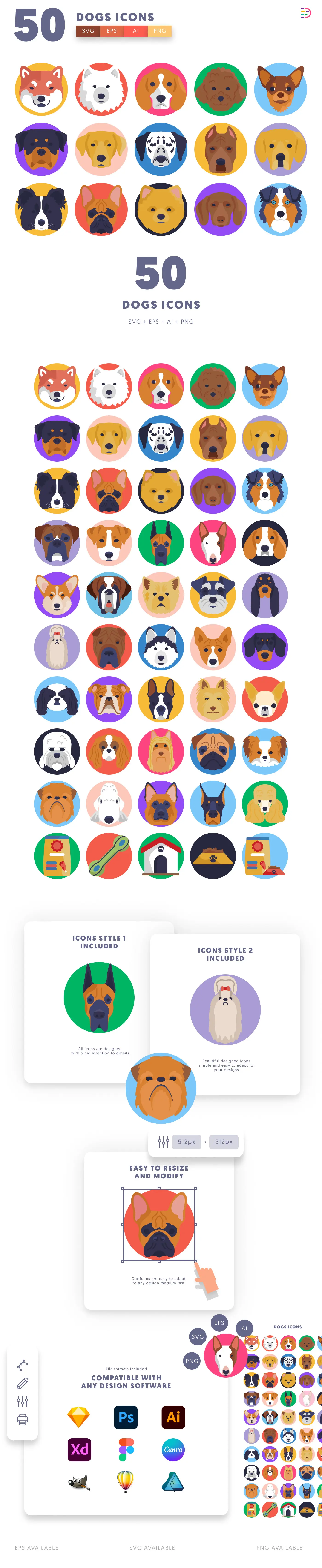 50 Dogs Icons cover – flat circle icons in PNG, SVG and EPS