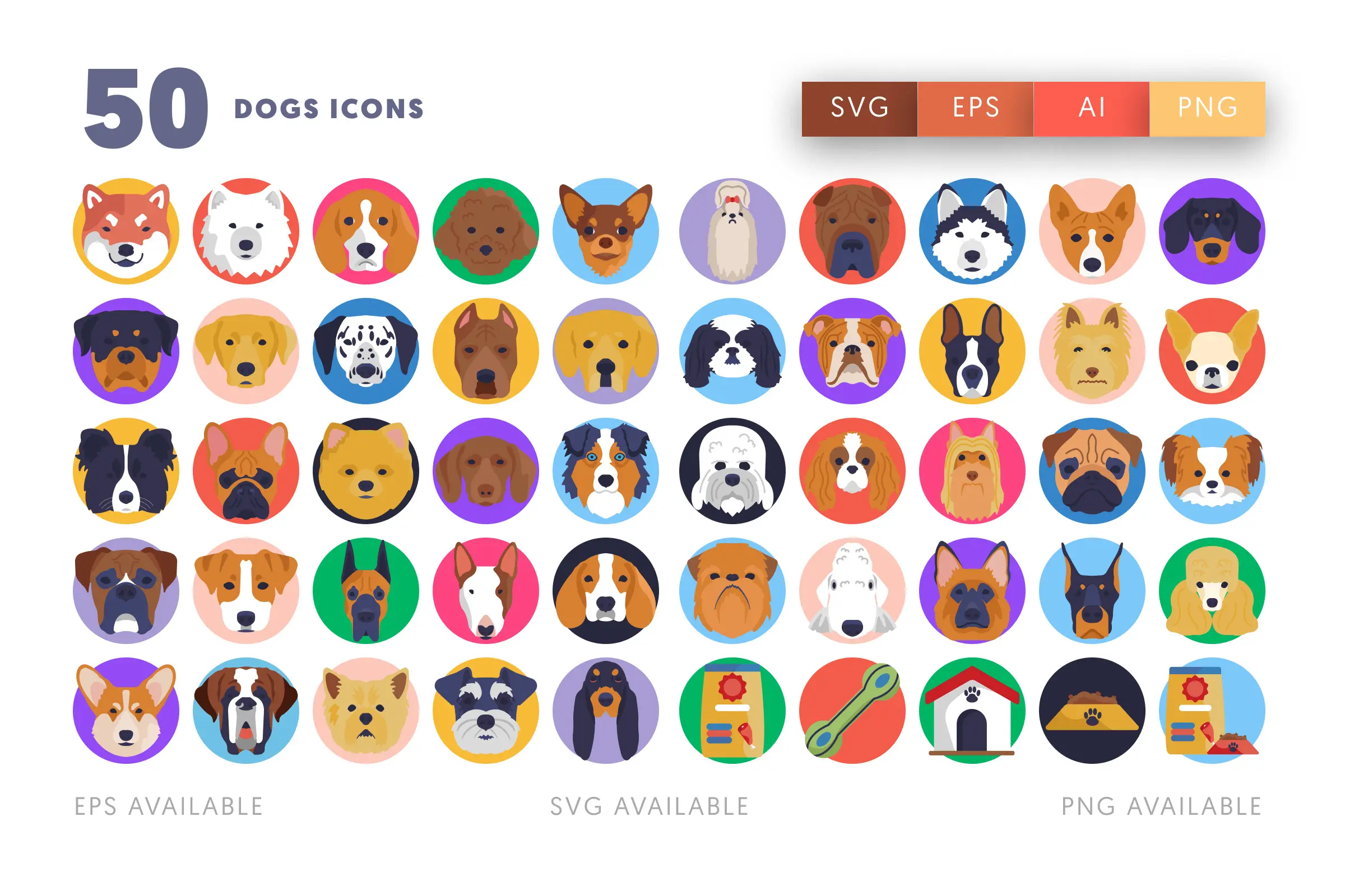 50 Dogs Icons – flat circle icon set