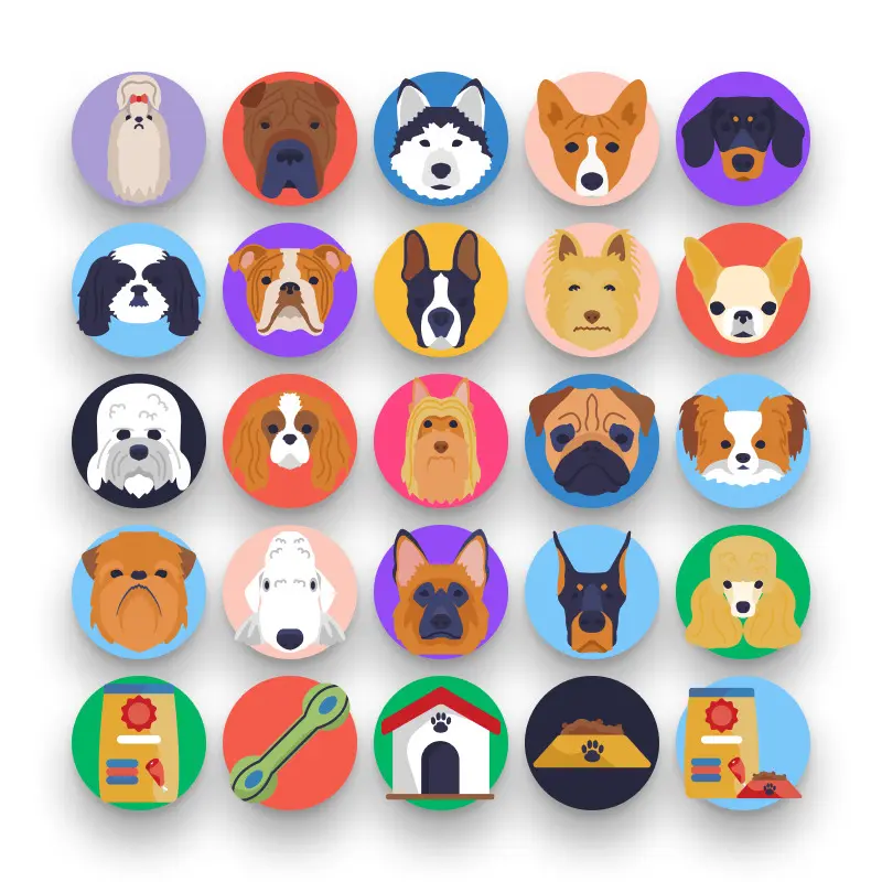 50 Dogs Icons – set of colorful flat circle icons