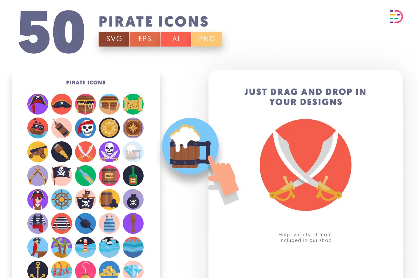 50 Pirate Icons preview 1 – flat circle icons in PNG, SVG and EPS