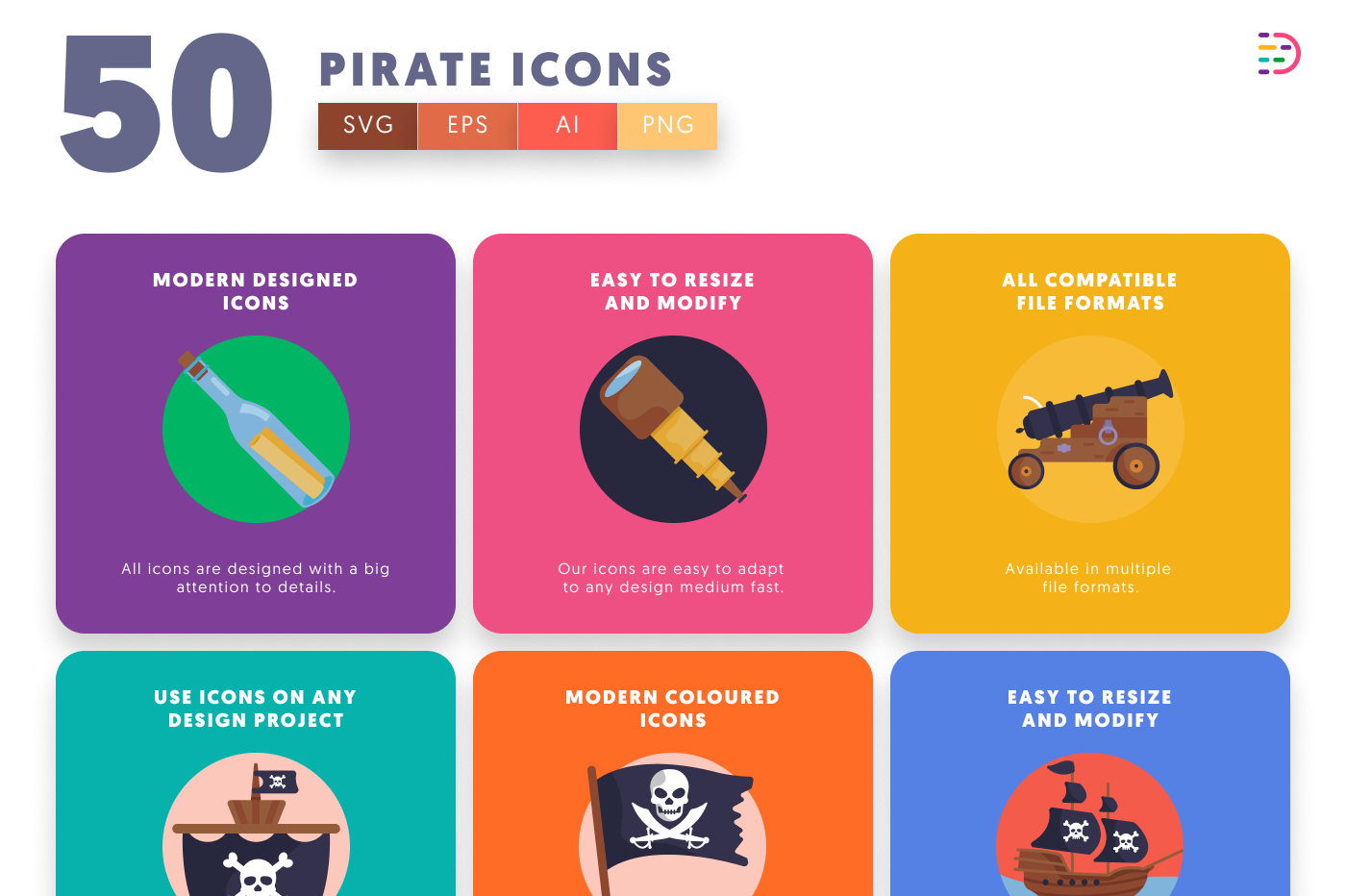 50 Pirate Icons preview 5 – flat circle icons in PNG, SVG and EPS