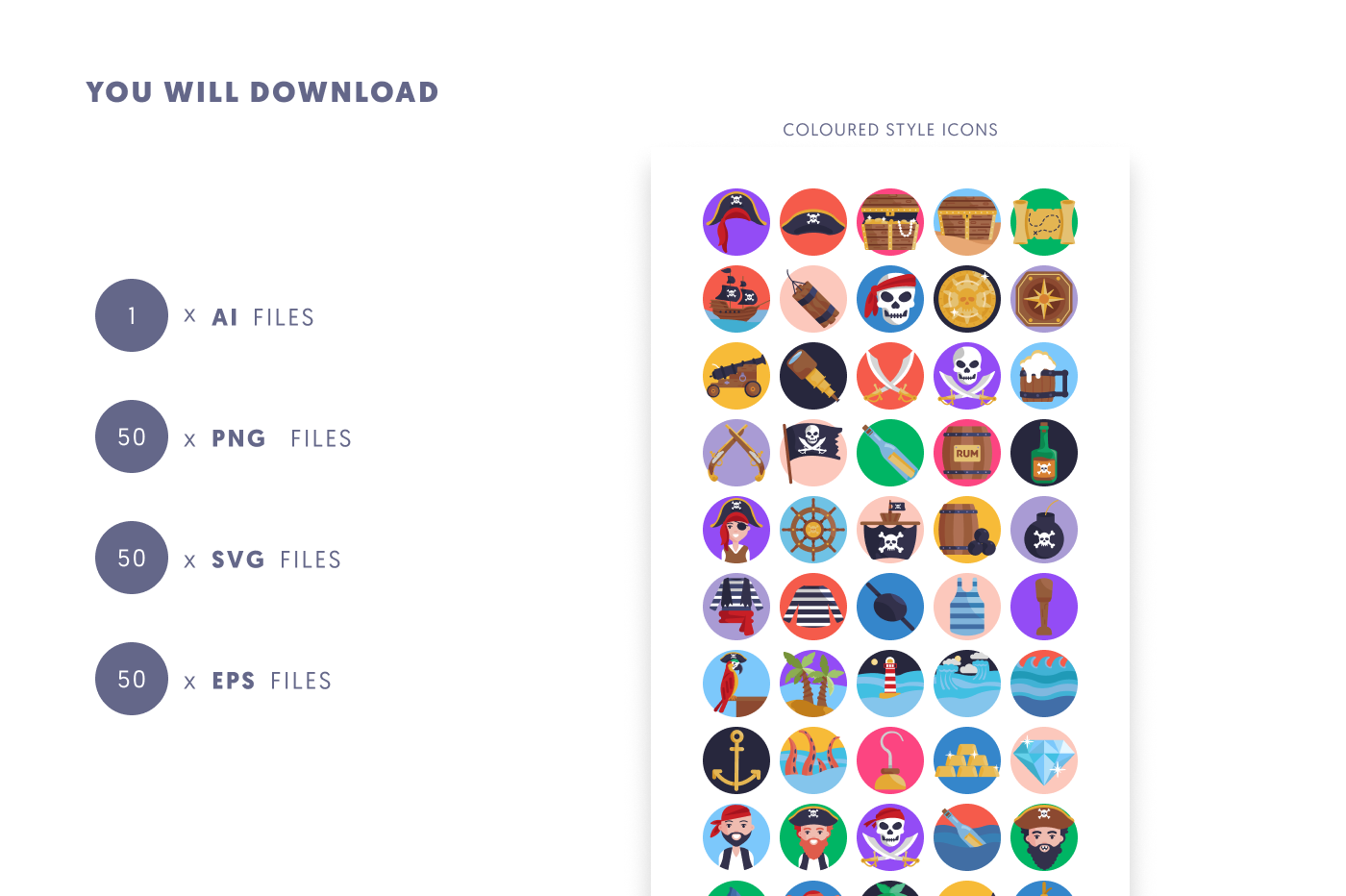 50 Pirate Icons preview 9 – flat circle icons in PNG, SVG and EPS