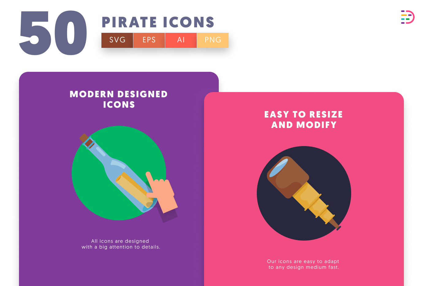 50 Pirate Icons cover – flat circle icons in PNG, SVG and EPS