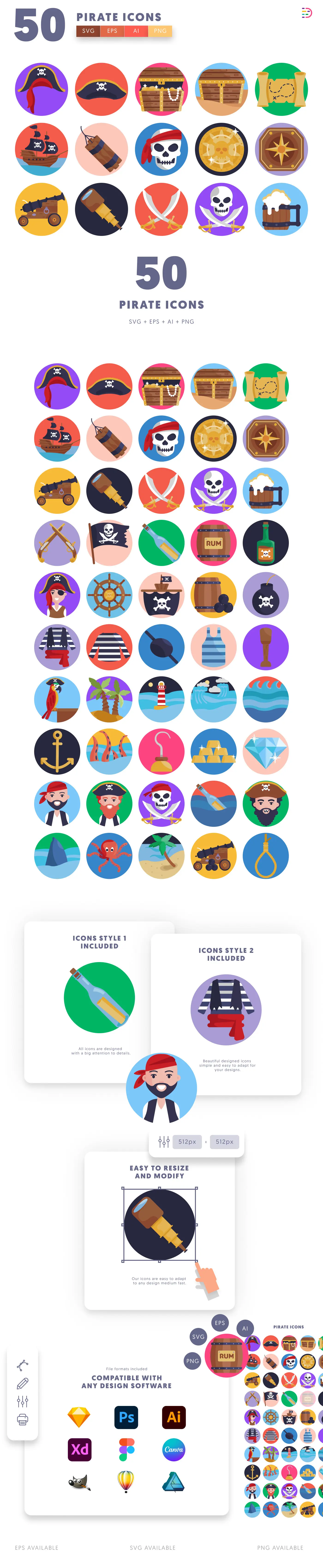 50 Pirate Icons cover – flat circle icons in PNG, SVG and EPS