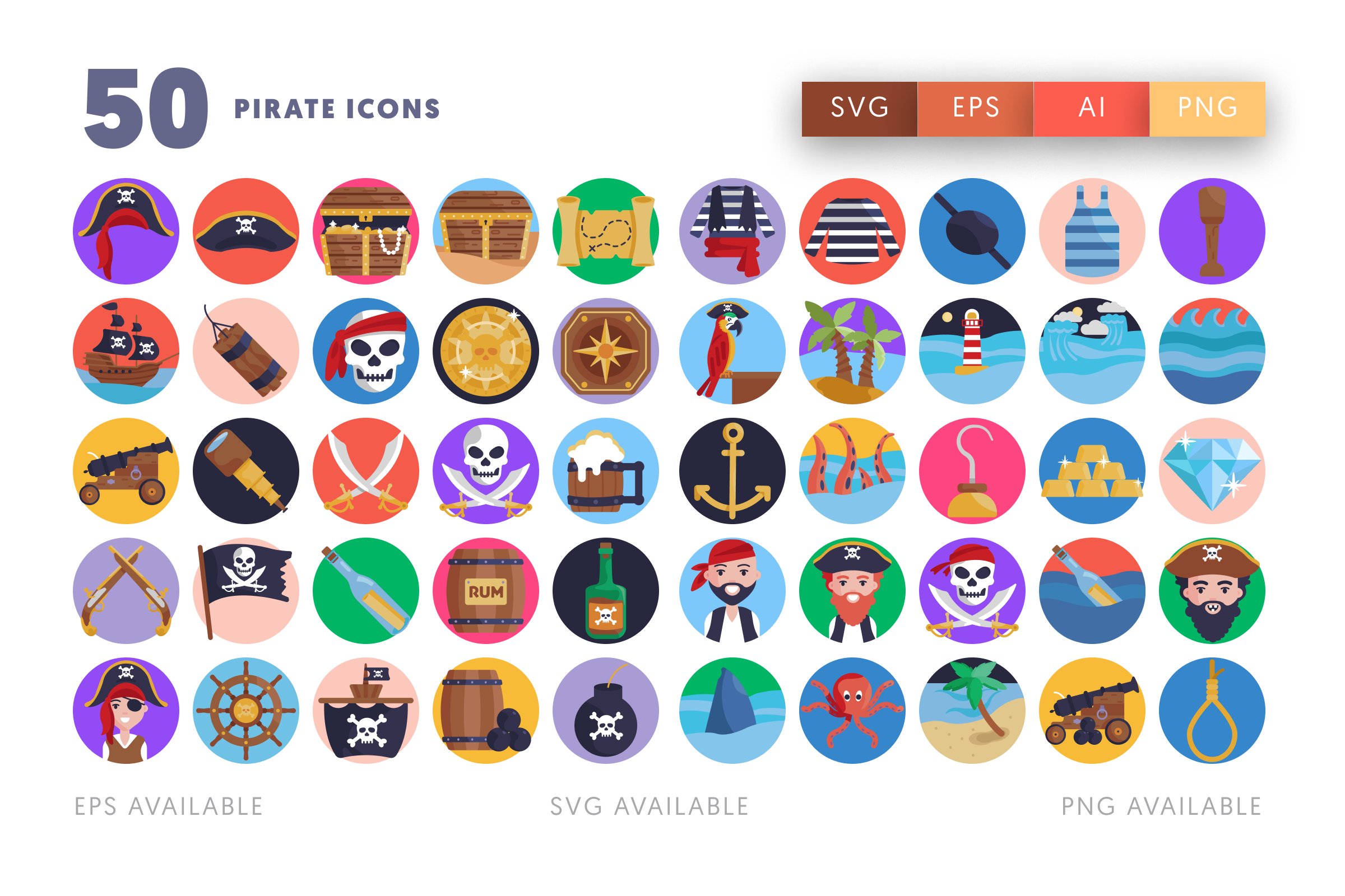 50 Pirate Icons – flat circle icon set