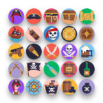 50 Pirate Icons – set of colorful flat circle icons