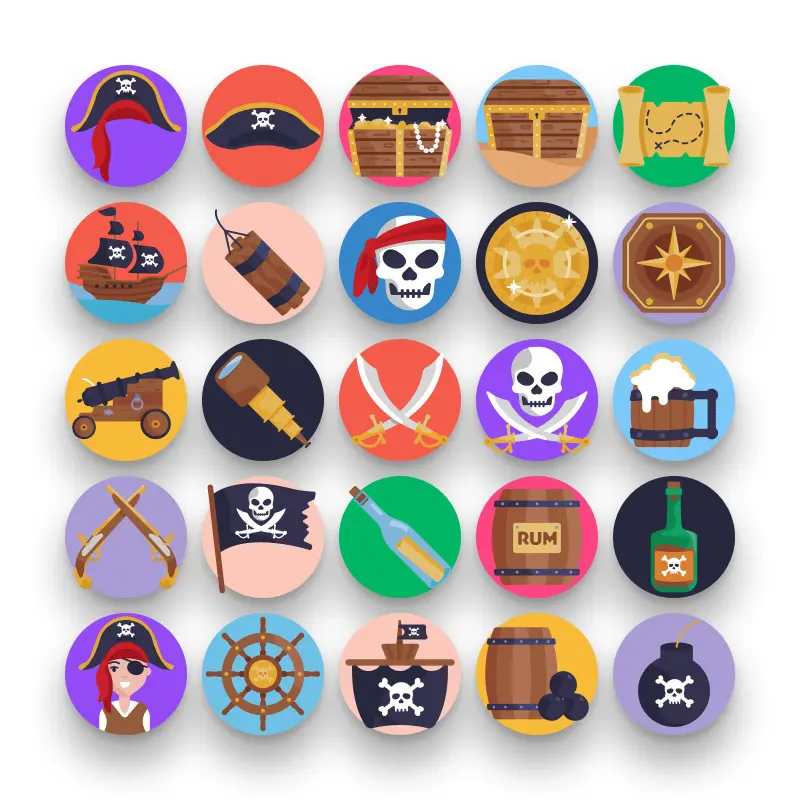 50 Pirate Icons – set of colorful flat circle icons