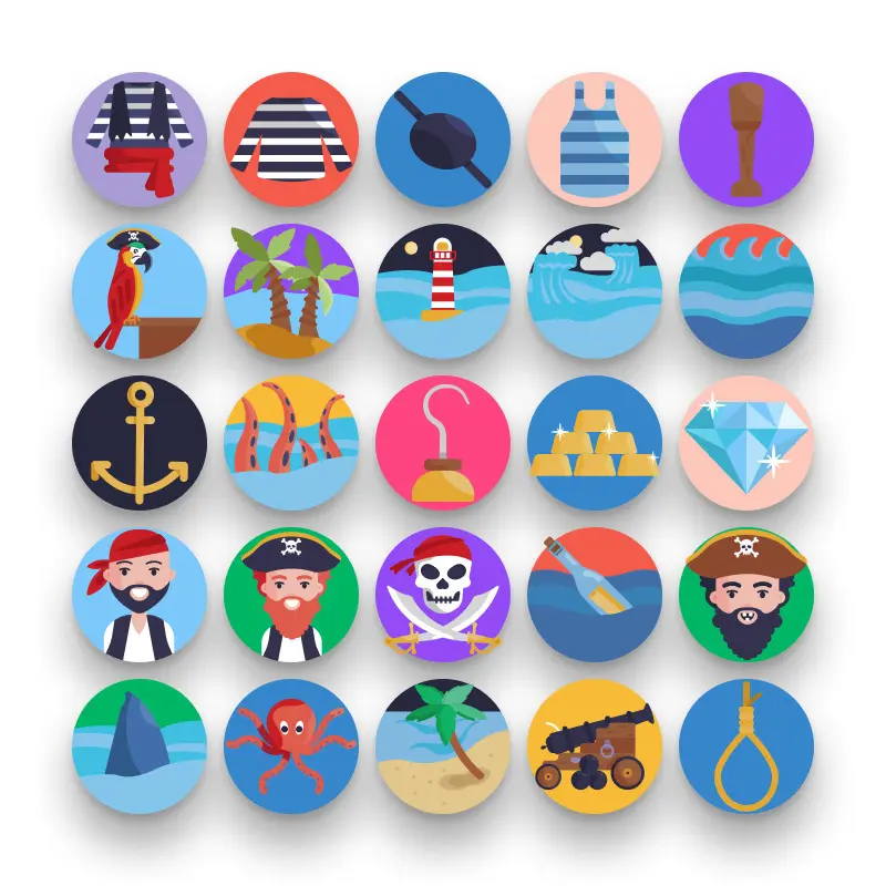 50 Pirate Icons – set of colorful flat circle icons