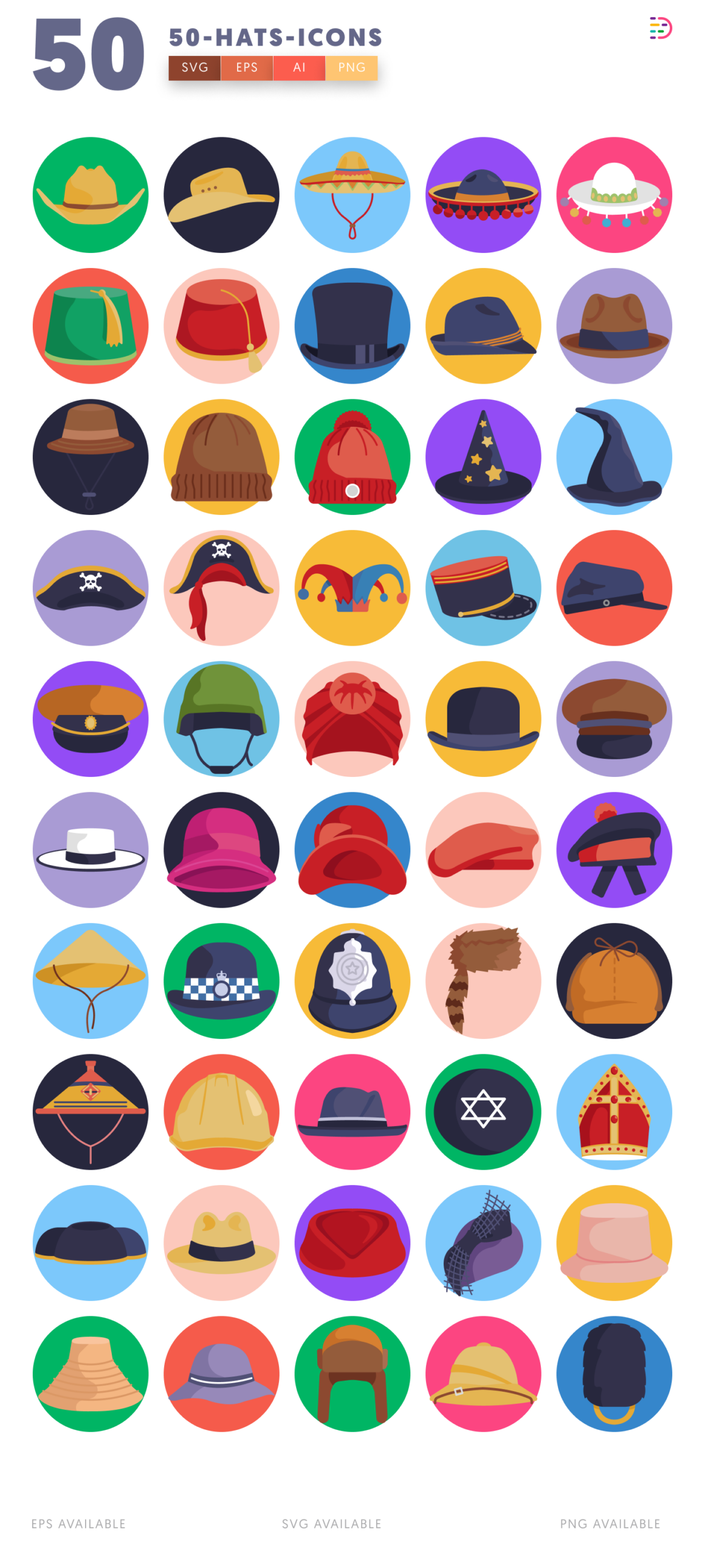50 Hats Icons – Vector Hat Icon Set for Fashion & Costume Design